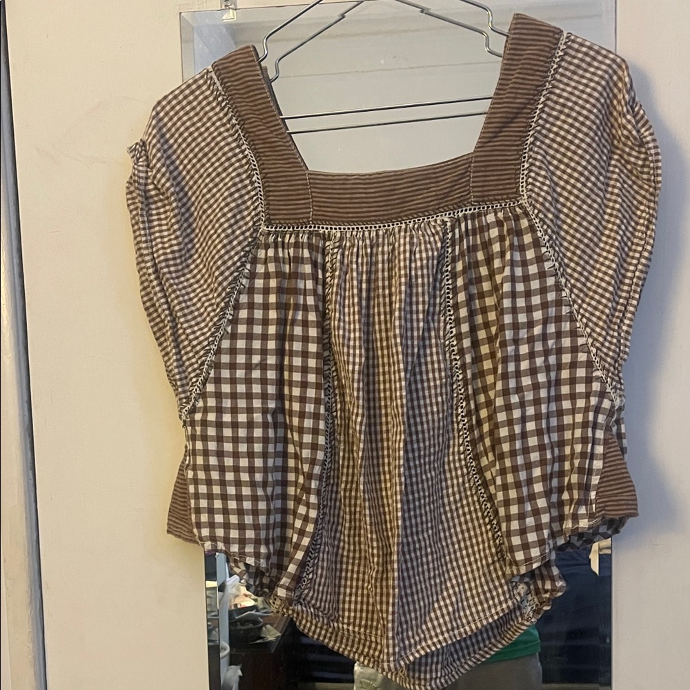 We the Free. Half Moon Brown Gingham Embroidered Women's Top - Picture 6 of 11